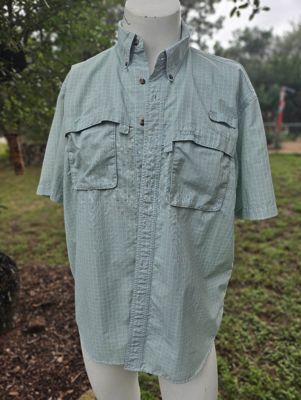 LL Bean Men's Pale Green Checkered Short Sleeve Outdoor Vented Shirt OXY15 L Reg